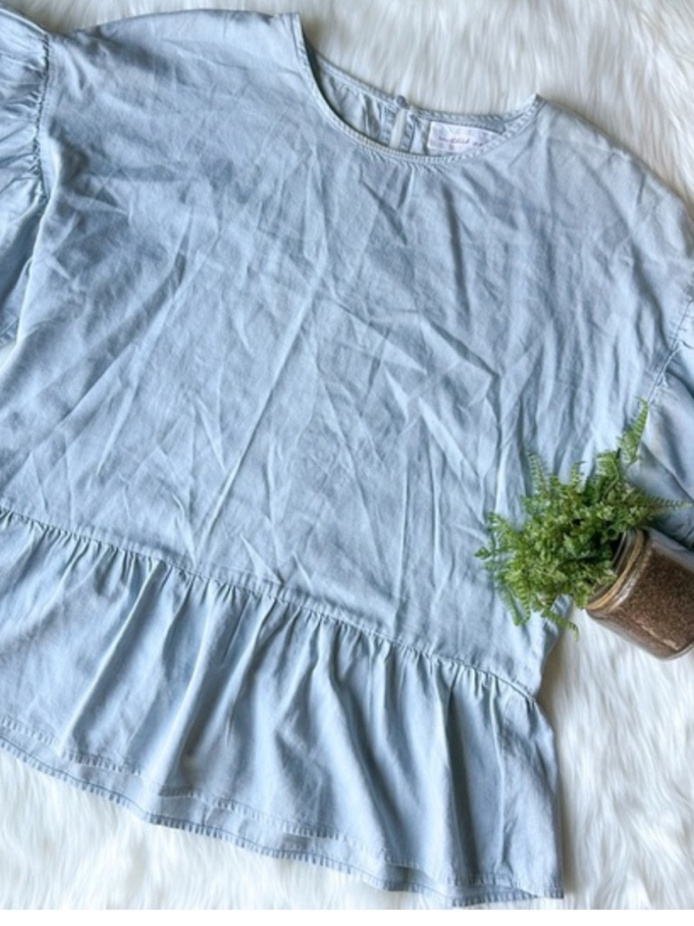 Mustard Seed Light Chambray Ruffle Peplum Blouse